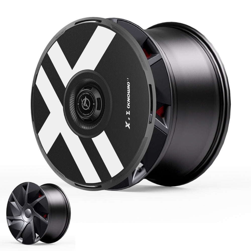 HALODISC 2 Wheel Covers for Tesla Model S 21" Velarium Wheels by HALOBLK Store: one wheel cover features a bold white X design, while the other has a sleek metallic spoke look, both shown on a white background.