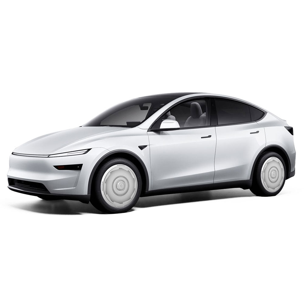 HALODISC 2 Wheel Covers by HALOBLK Store, designed for Tesla Model Y Juniper 20" Helix 2.0 Wheels | Vision-GT, feature sleek, aerodynamic styling and are shown installed on a white SUV with tinted windows and minimalist design.