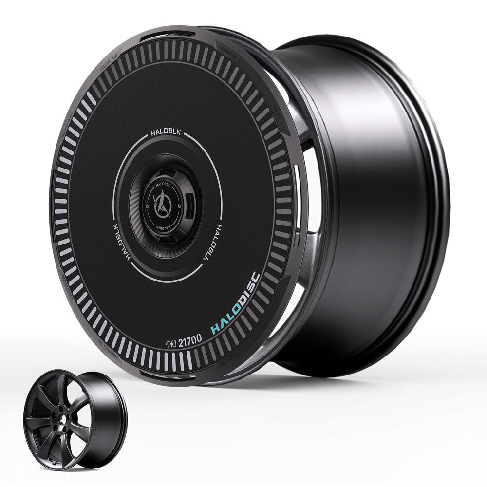 HALOBLK Store's HALODISC 2 wheel covers for Tesla Model 3 (2017-2018, 19” Performance Wheels) feature a modern black disc-like design, shown close-up and alongside a traditional five-spoke rim for comparison.