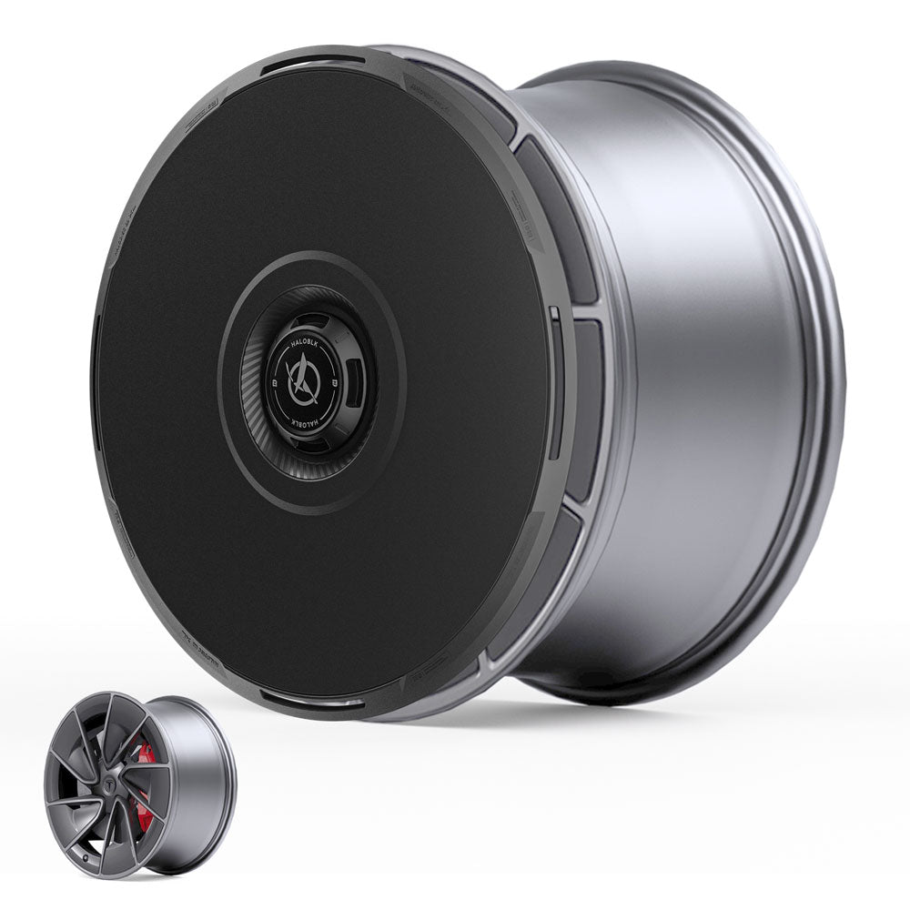 A large silver HALODISC 2 wheel cover from HALOBLK Store for Tesla Model 3 2017-2018 19" wheels is shown with a minimalist black center. A smaller image displays the same rim with a multi-spoke design and visible brake caliper.