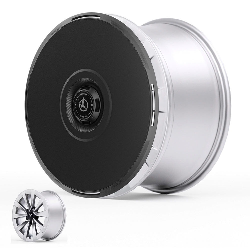 A large, silver and black HALODISC 2 Wheel Cover by HALOBLK Store for Tesla Model 3 2019-2023 19" sport wheels is shown. A smaller image at the bottom left displays the same cover with a different spoke pattern.