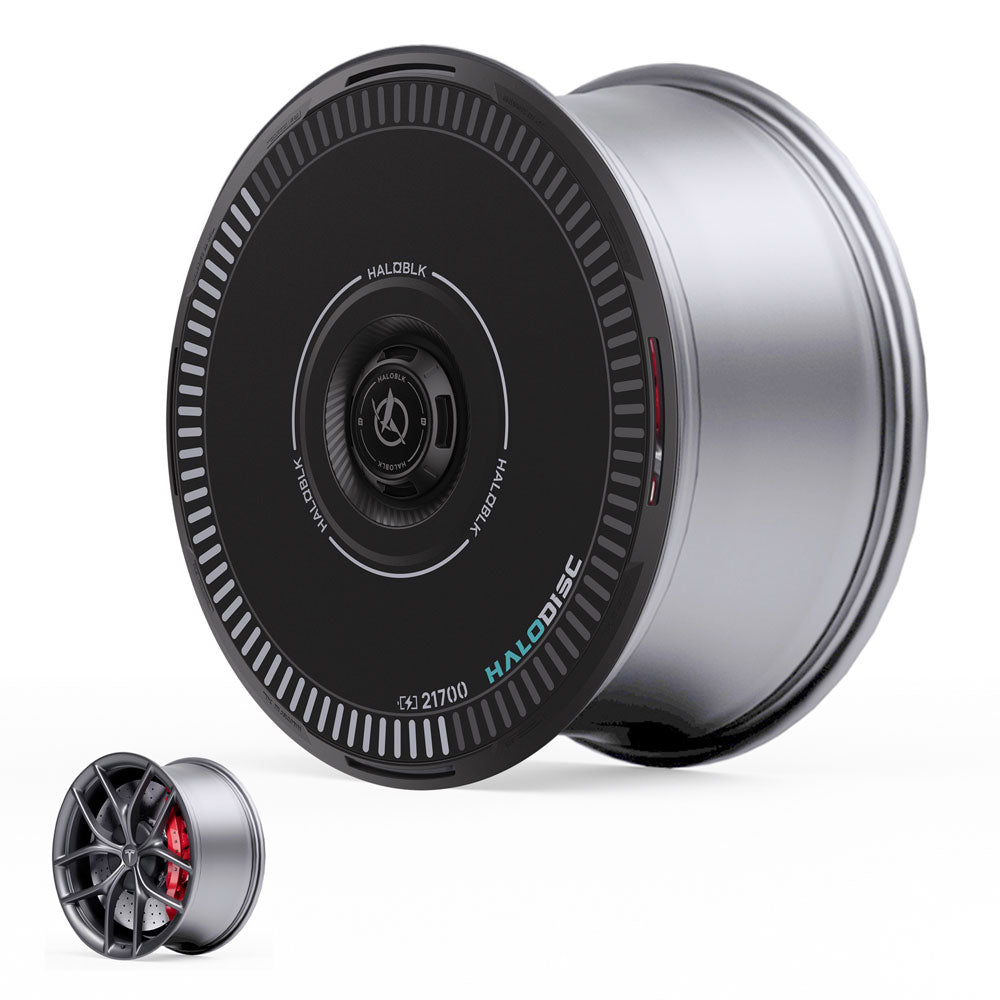 A close-up of HALOBLK Store’s HALODISC 2 Wheel Covers for Tesla Model 3 (2019–2023) 19" Zero-G Wheels shows a sleek, dark circular face with technical markings, while a traditional spoke wheel appears in the lower left corner.