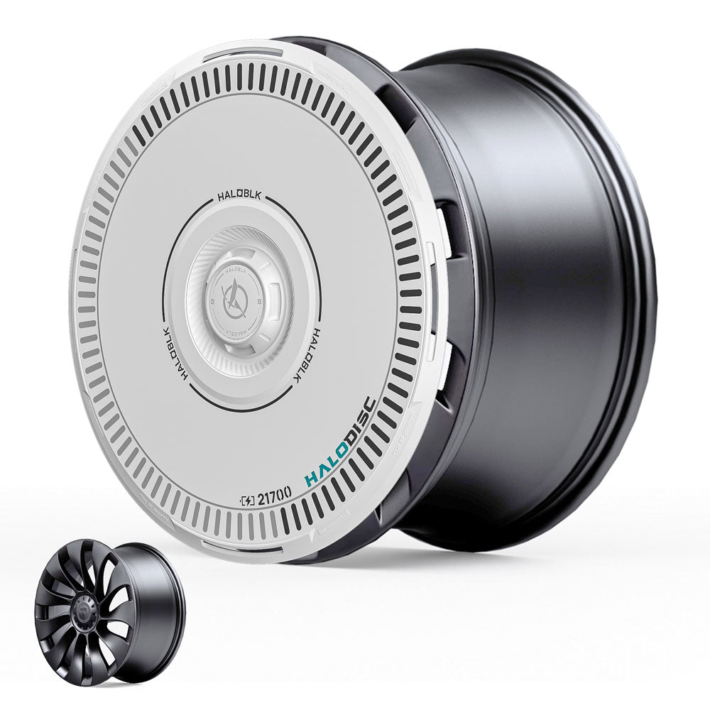 A close-up of the HALODISC 2 Wheel Covers by HALOBLK Store for Tesla Model 3 2021-2023 20" Überturbine Wheels, featuring a sleek black and white design. A smaller version is displayed in the lower left corner for comparison.