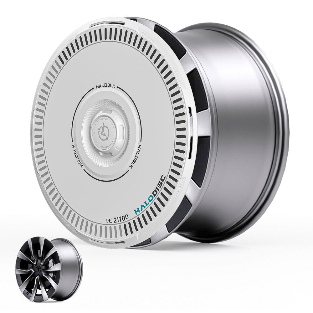 A close-up of the HALODISC 2 Wheel Covers for Tesla Model 3 Highland 19" Nova Wheels from HALOBLK Store shows their futuristic silver and white design, alongside a smaller image displaying the full intricate spoke pattern.