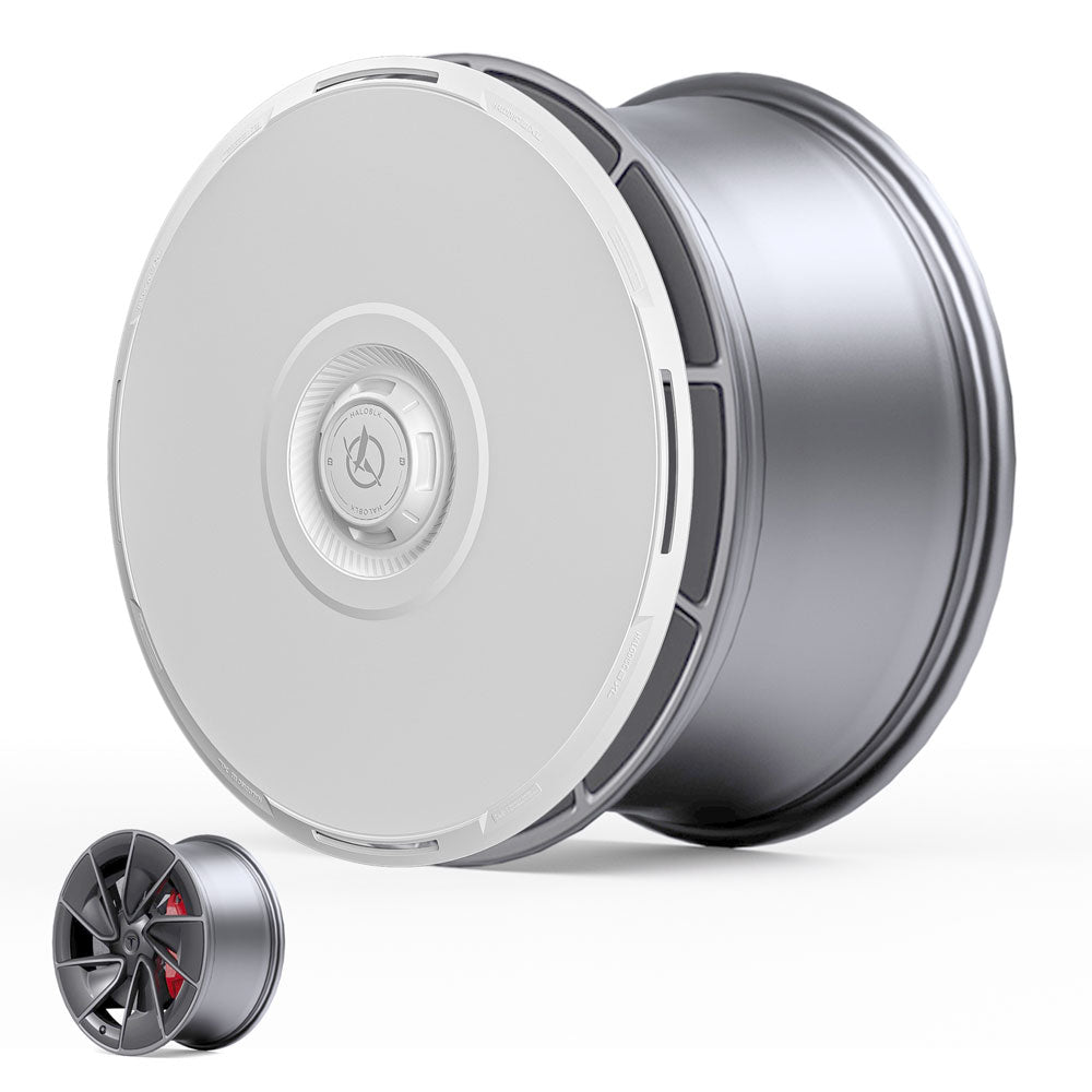 The HALOBLK Store HALODISC 2 Wheel Covers for Tesla Model 3 Highland 20" Warp Wheels feature a sleek, modern, silver alloy disc design. For comparison, a traditional spoked alloy wheel with a red brake caliper appears in the lower left corner.