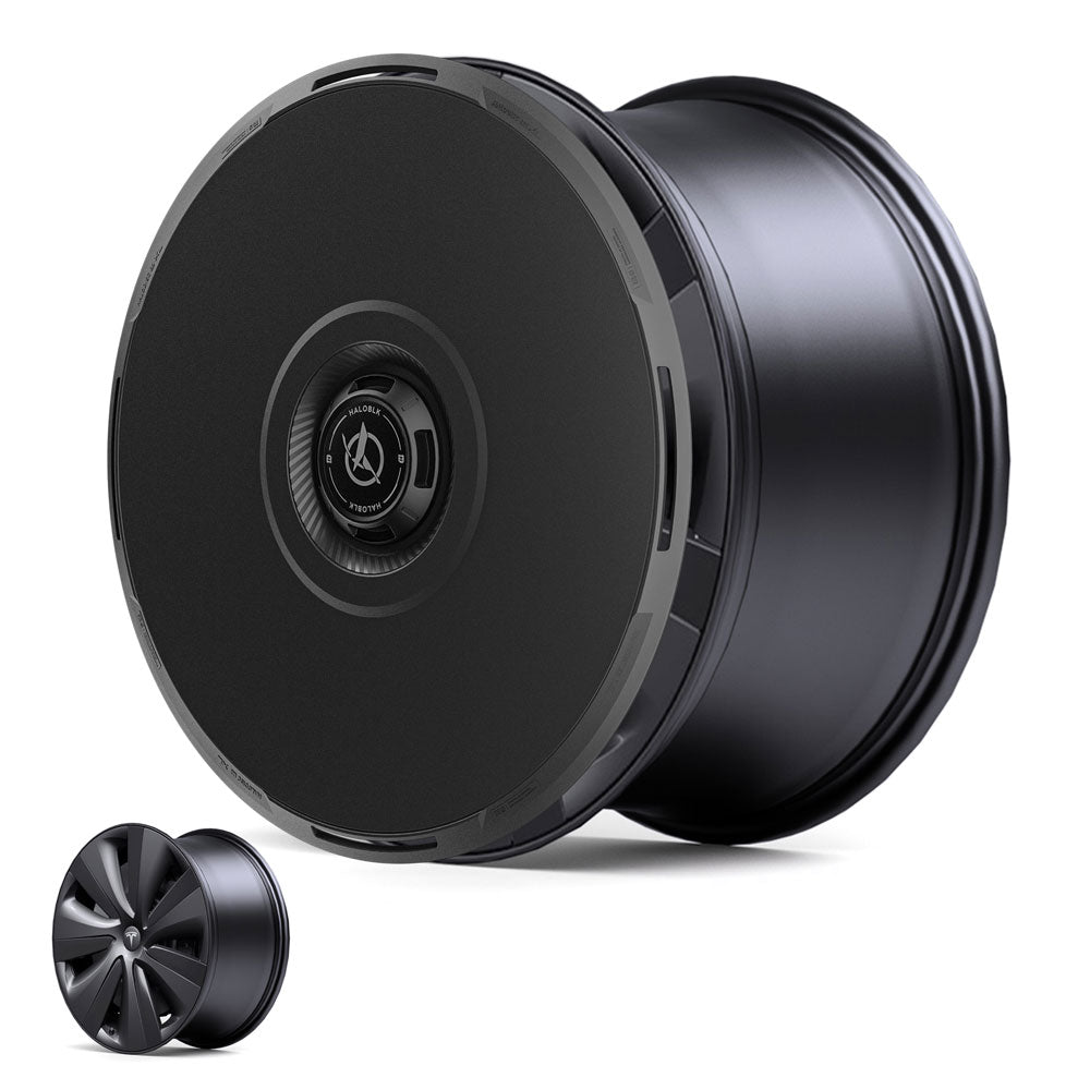 The HALODISC 2 Wheel Covers by HALOBLK Store for Tesla Model S 19" Tempest Wheels feature a sleek, matte-black, solid disc design with minimalist details. Inset shows a traditional five-spoke rim for comparison, both on a white background.