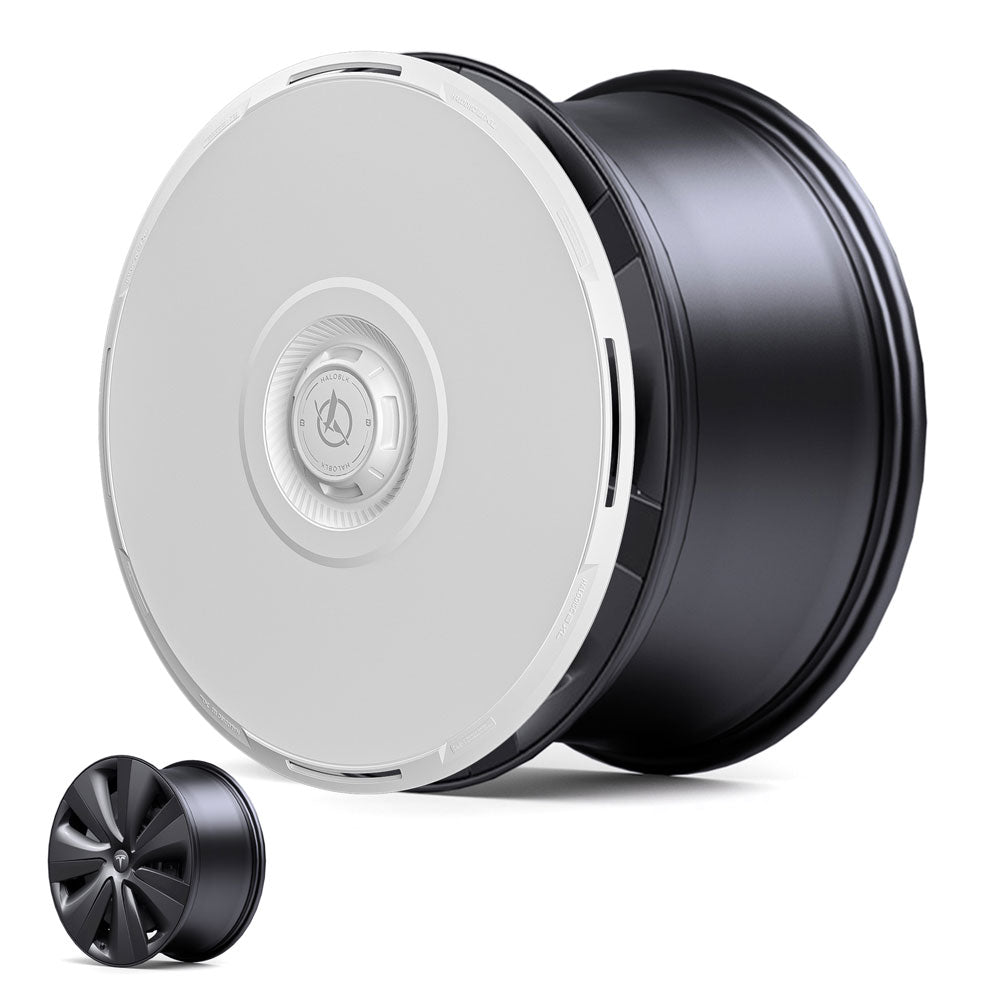 The HALODISC 2 Wheel Cover by HALOBLK Store for Tesla Model S 19" Tempest Wheels is shown in black with a sleek white aerodynamic design, alongside a smaller uncovered wheel for comparison in the lower left corner.