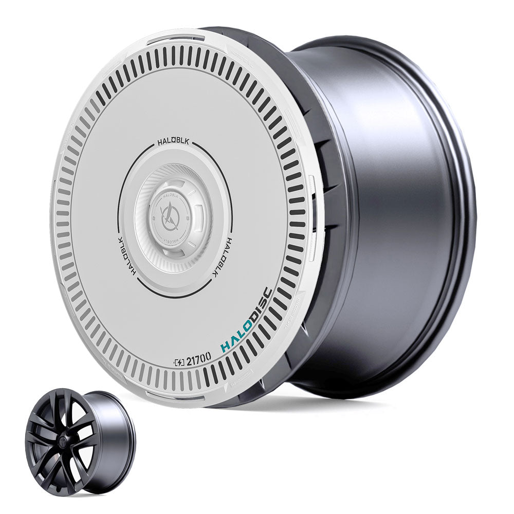 The HALODISC 2 wheel cover by HALOBLK Store fits Tesla Model S 21" Arachnid wheels, featuring a large, futuristic white cover with black markings and branding. A standard alloy wheel appears in the bottom left for comparison.