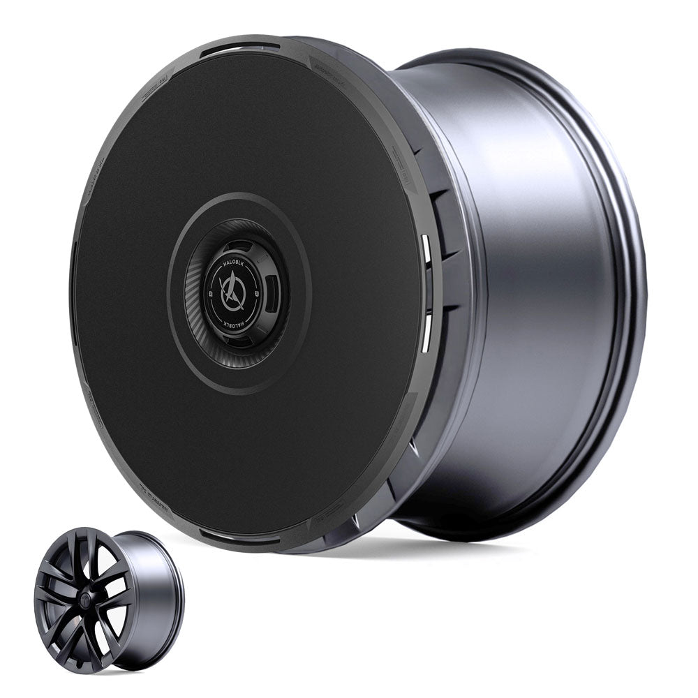 A matte black HALODISC 2 Wheel Cover by HALOBLK Store, designed for Tesla Model S 21" Arachnid Wheels, is featured with a minimalist solid face; a smaller image shows a traditional spoked wheel rim in the bottom left corner.