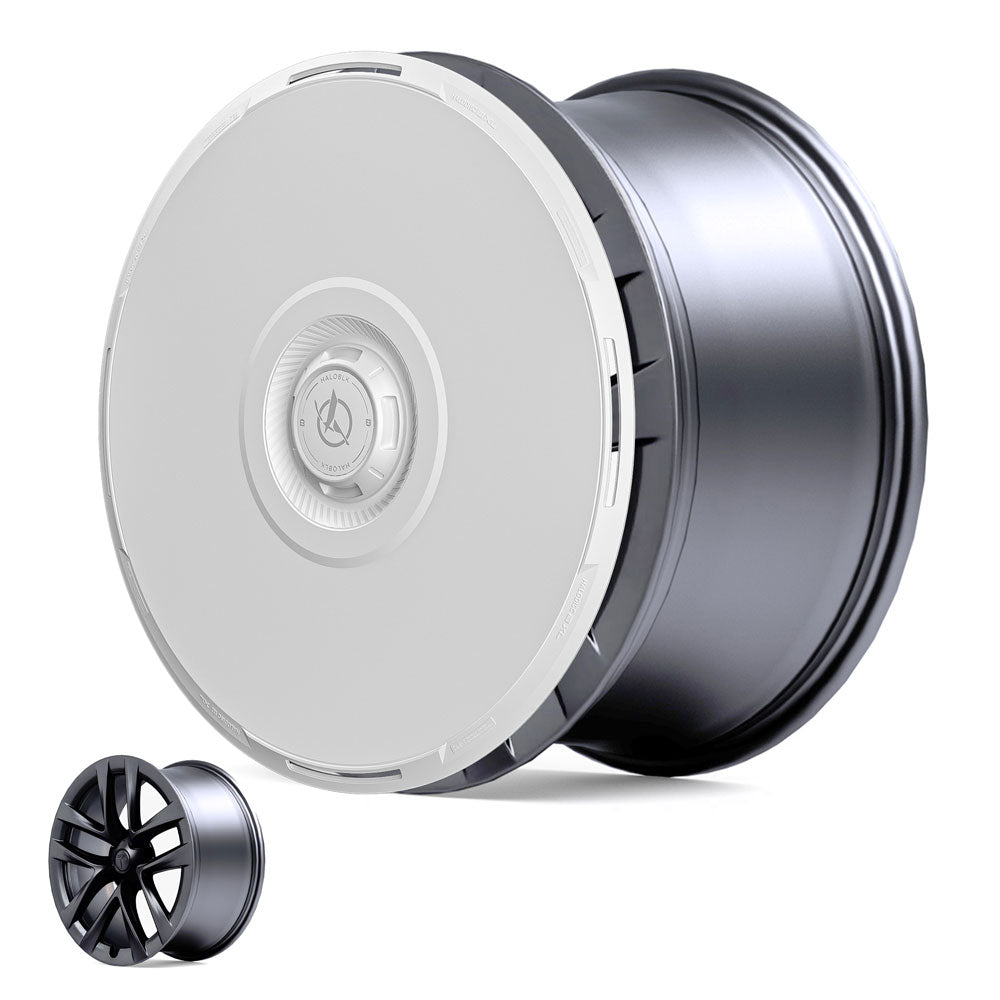 The HALODISC 2 Wheel Cover for Tesla Model S 21" Arachnid Wheels by HALOBLK Store is shown in large matte black with a smooth, solid white disc; a smaller traditional black alloy wheel appears in the corner for comparison.