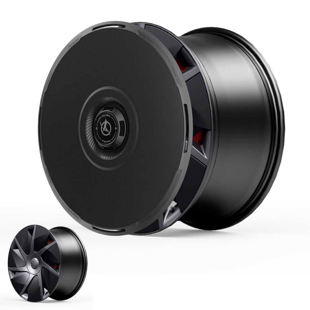 The HALODISC 2 Wheel Covers for Tesla Model S 21" Velarium Wheels by HALOBLK Store are shown up close with a sleek, solid face design, while a smaller multi-spoke version appears in the bottom-left against a white background.