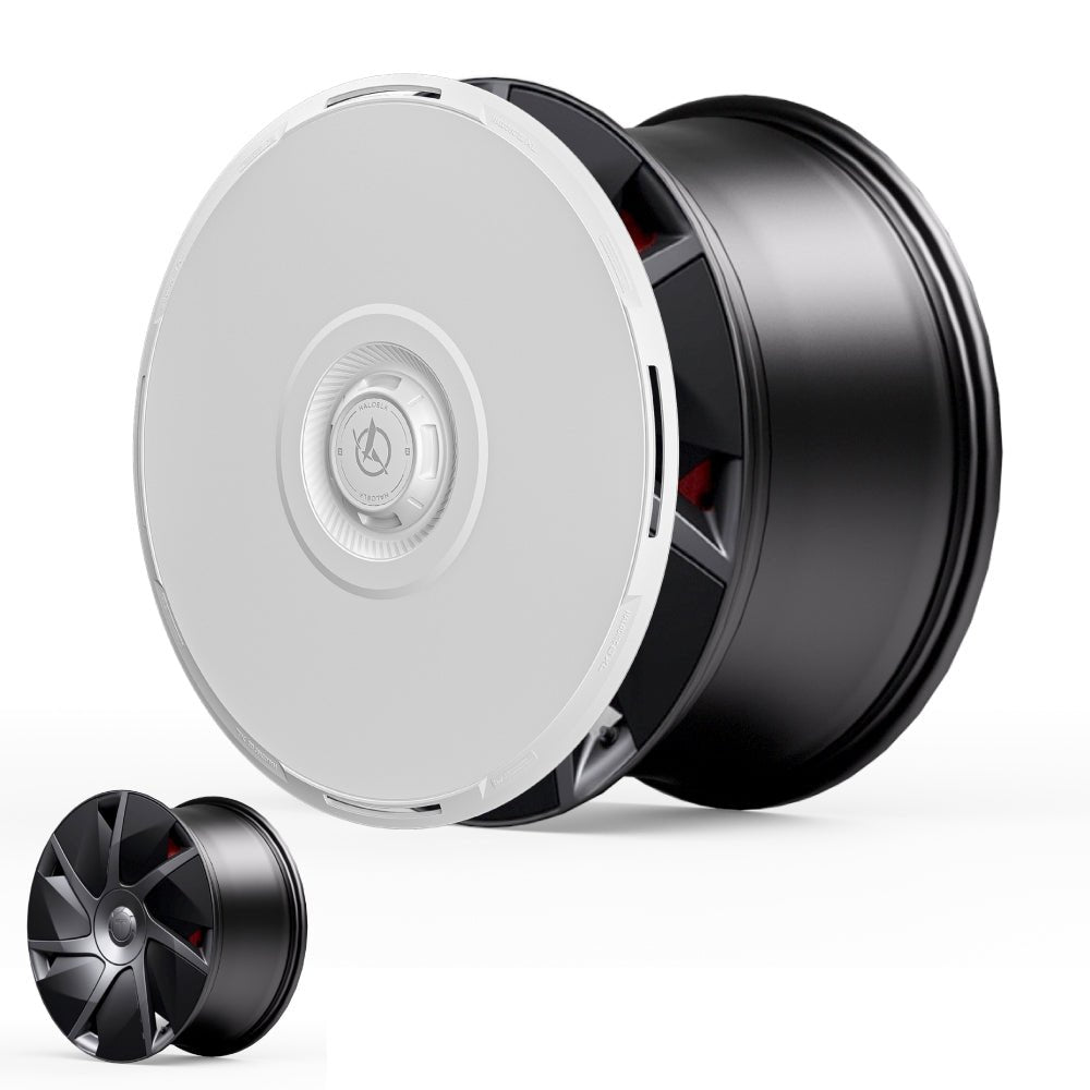 Two HALODISC 2 Wheel Covers for Tesla Model S 21" Velarium Wheels by HALOBLK Store are shown: one with a sleek silver cover and black sides, the other smaller with an exposed black and silver spoked design, both on a white background.