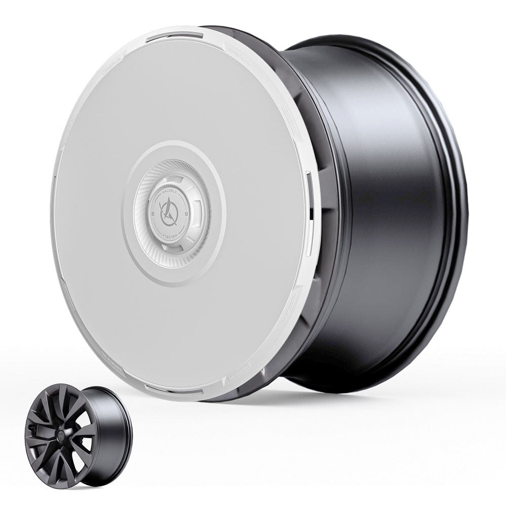 The HALODISC 2 Wheel Covers by HALOBLK Store fit Tesla Model X 2021-2025 20" Cyberstream wheels, featuring a large matte black rim with a smooth silver cover, shown next to a standard spoked rim for comparison.