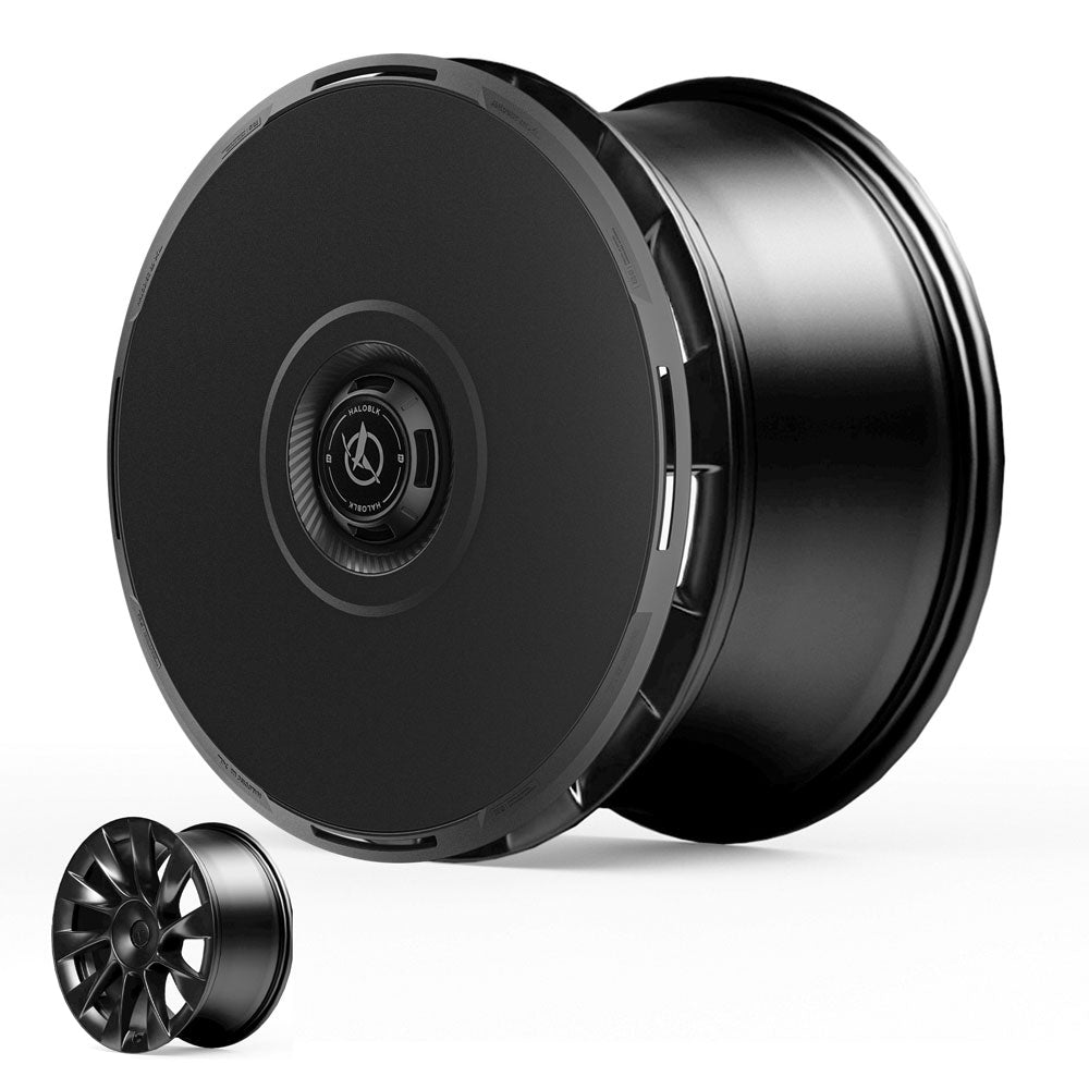 A HALOBLK Store HALODISC 2 Wheel Cover for Tesla Model Y 20" Induction Wheels (RTP) with a sleek, solid disc design is shown next to a traditional multi-spoke rim, both displayed on a white background.