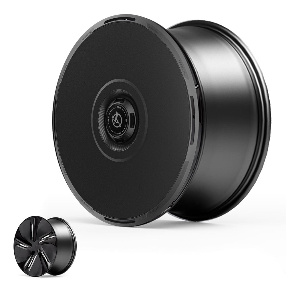 The HALODISC 2 Wheel Covers for Tesla Model Y Juniper 19" Crossflow Wheels by HALOBLK Store are shown in black, featuring a sleek solid disc design and a smaller five-spoke pattern, both displayed on a white background.