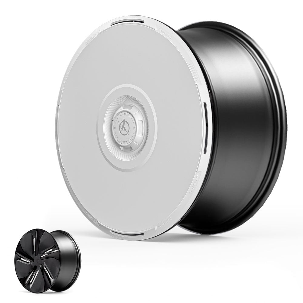 The HALODISC 2 Wheel Covers for Tesla Model Y Juniper 19" Crossflow Wheels by HALOBLK Store are shown: a sleek silver cover with black edges, plus a smaller, black five-spoke cover in the lower left corner.