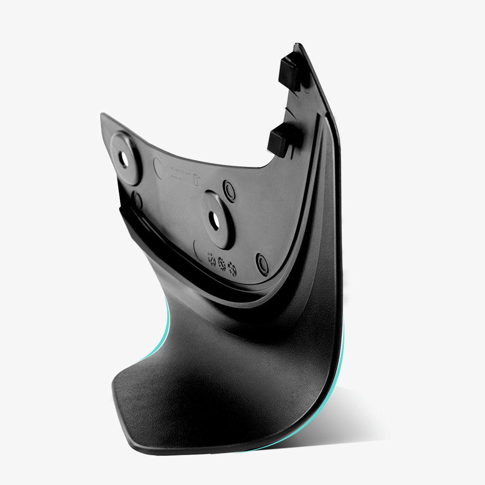 The HALOBLK Store’s Model Y Mud Flaps—Premium Protection for Your Tesla—are black, L-shaped plastic mud flaps with two circular metal inserts and small clips, shown on a plain white background.