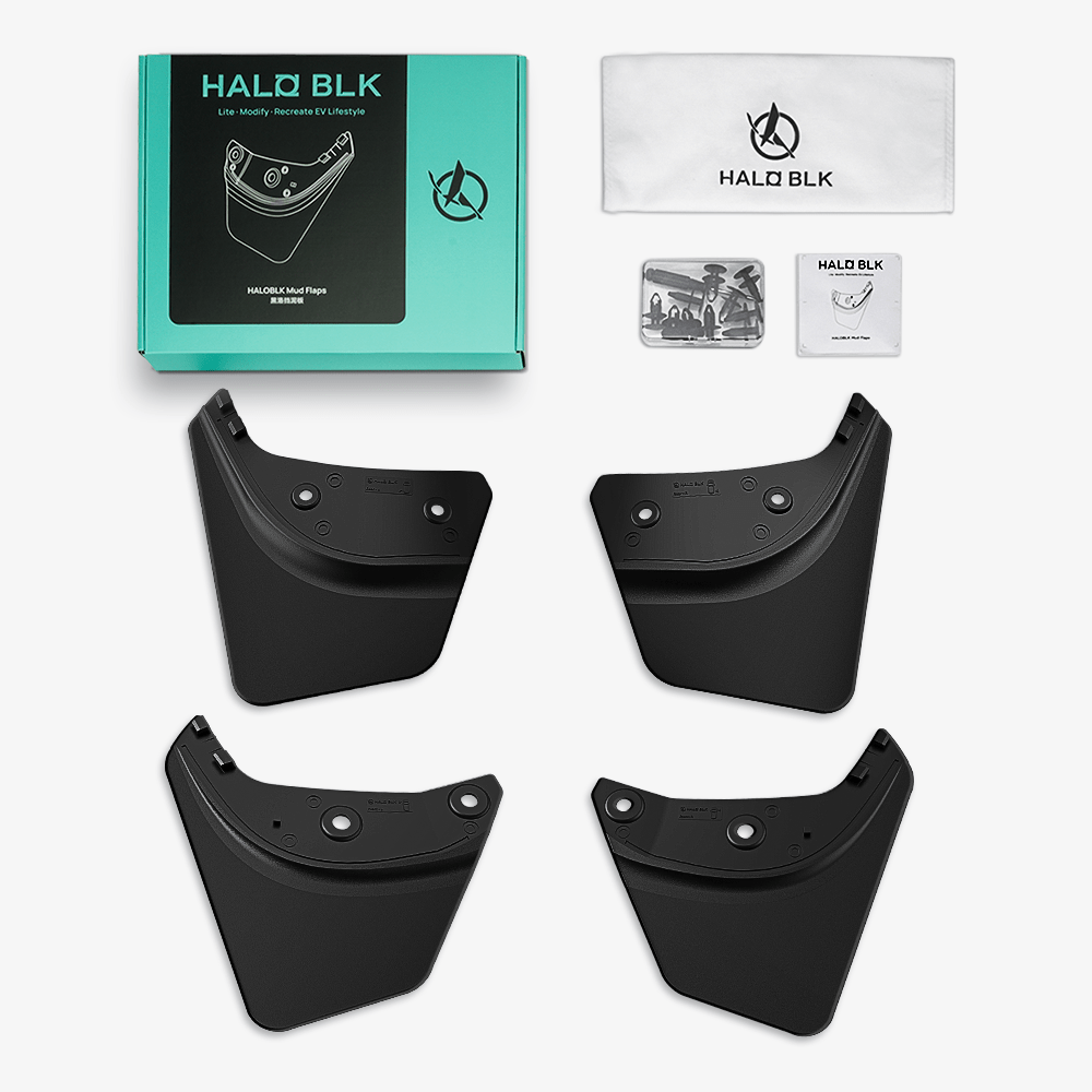 The Model Y Mud Flaps by HALOBLK Store are shown with four black mudguards, a teal and black branded box, a white cleaning cloth, screws, an instruction card, and a sticker neatly arranged on a white background.
